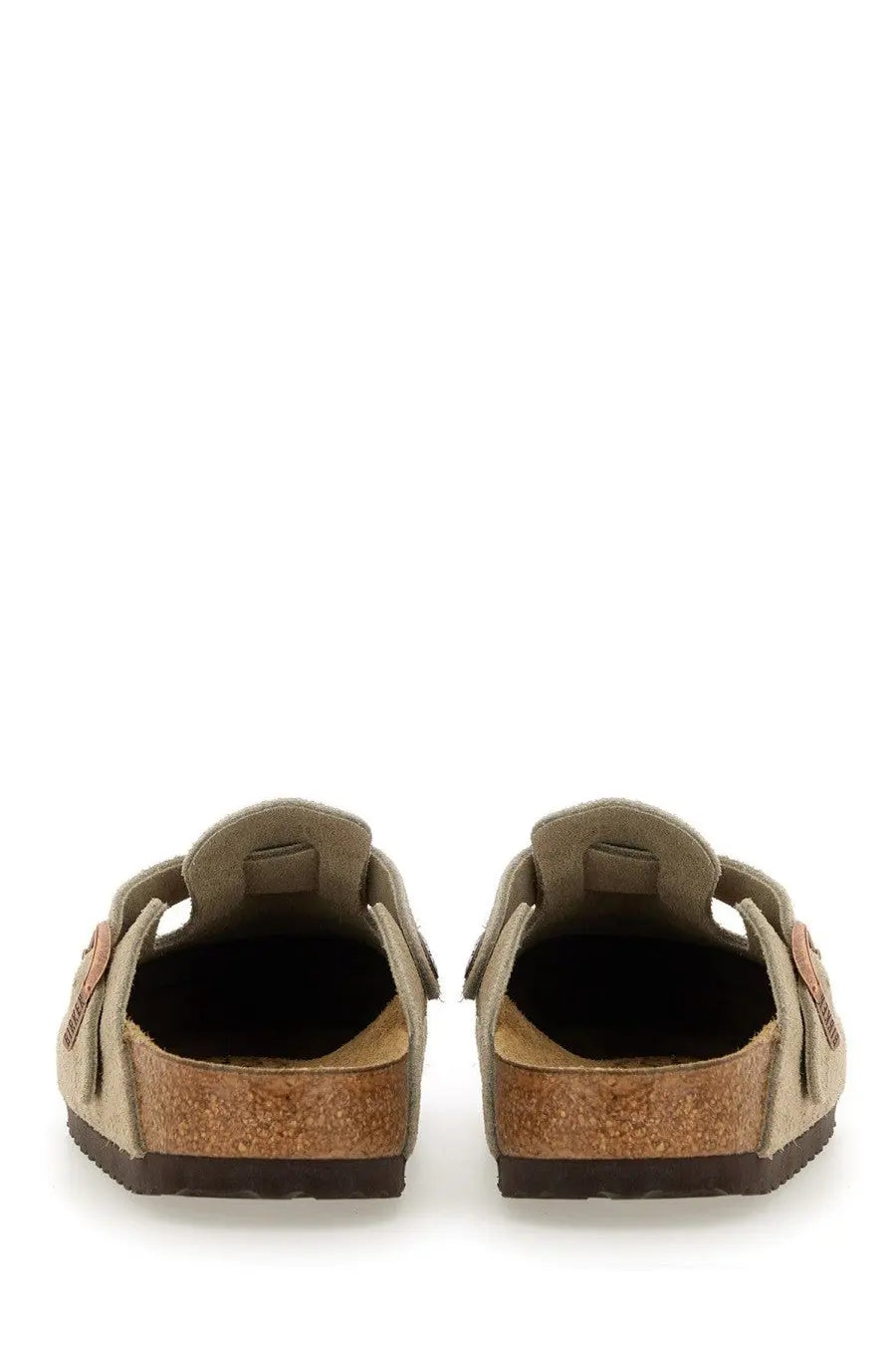 Beige suede birkibar clogs with cork footbed and brown rubber sole birkenstock unisex sabot boston shoes