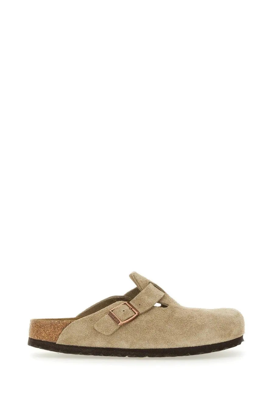 Beige suede birkenstock unisex sabot boston sandal with cork footbed and rose gold buckle