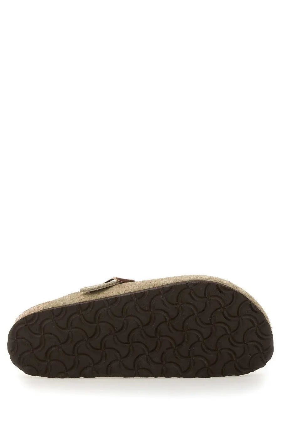 Birkenstock unisex sabot Boston beige suede clog with dark brown rubber sole and matching strap front view