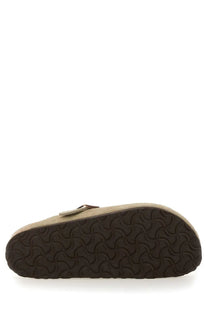 Birkenstock unisex sabot Boston beige suede clog with dark brown rubber sole and matching strap front view