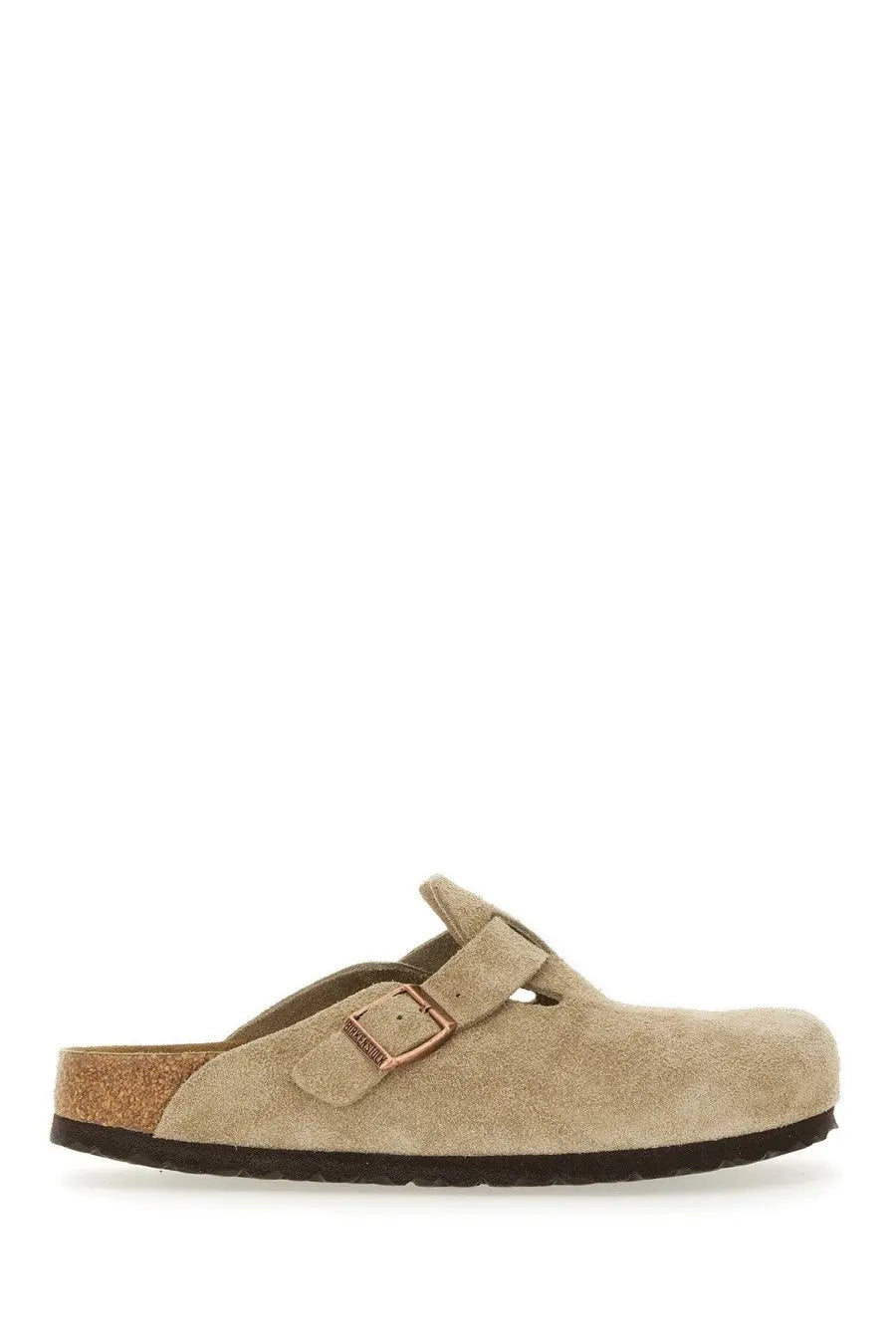 Beige suede birkenstock unisex sabot boston clog with rose gold buckle and cork footbed