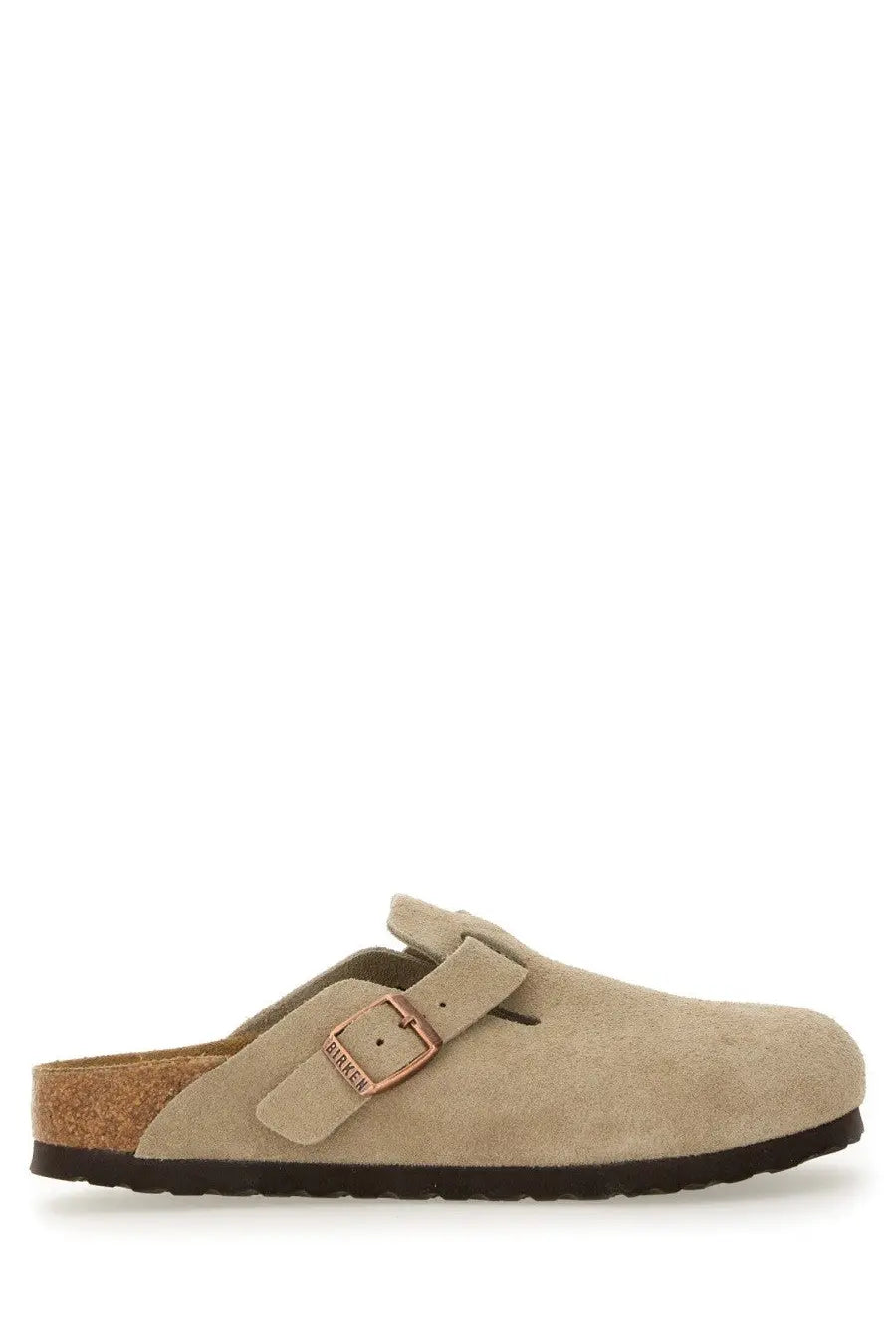 Beige suede birkenstock unisex sabot boston clog with rose gold buckle and cork footbed