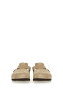Beige suede birkenstock unisex sabot boston clogs with classic mule design and dark rubber soles