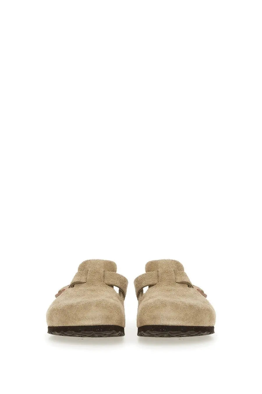 Beige suede birkenstock unisex sabot boston clogs with classic mule design and dark rubber soles