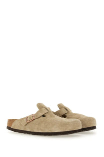Beige suede birkenstock unisex sabot boston clogs with cork footbed and brown rubber sole