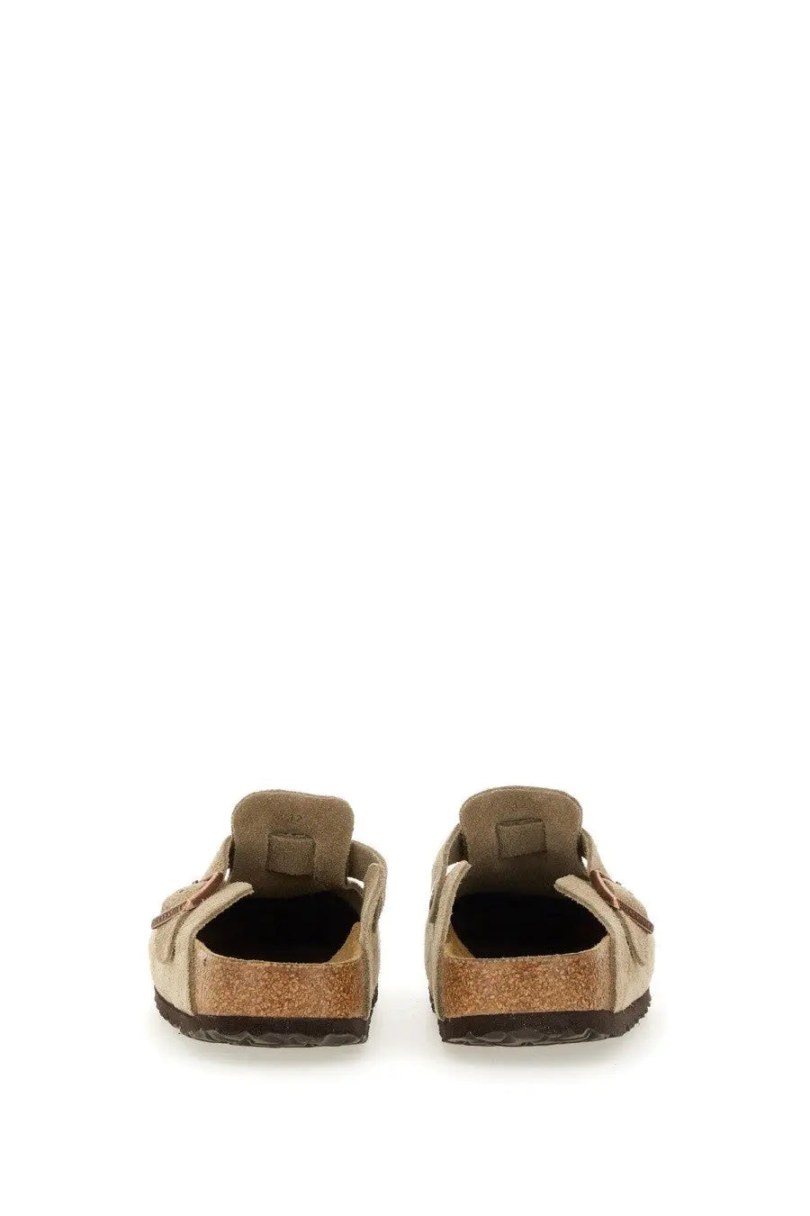 Beige suede birkenstock unisex sabot boston clogs with cork footbed and dark brown rubber sole