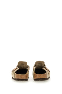 Beige suede birkenstock unisex sabot boston clogs with cork footbed and dark brown rubber sole