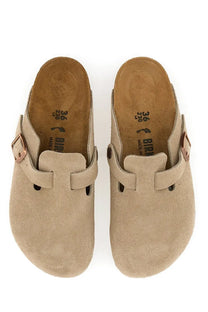Beige suede birkenstock unisex sabot boston clogs with rose gold buckle straps visible from the front