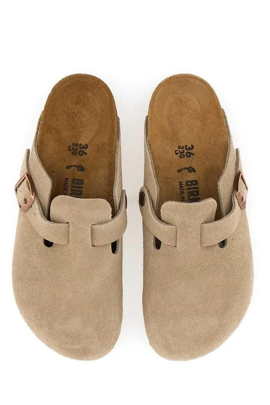 Beige suede birkenstock unisex sabot boston clogs with rose gold buckle straps in a side view