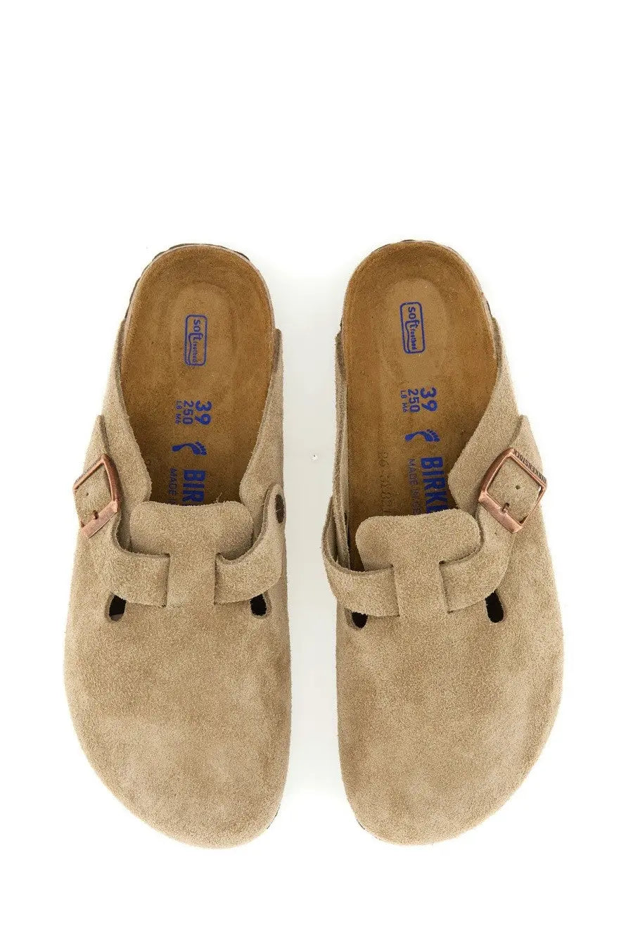 Birkenstock unisex sabot boston beige tan suede clogs with rose gold tone buckle straps