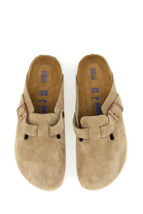 Birkenstock unisex sabot boston beige tan suede clogs with rose gold tone buckle straps