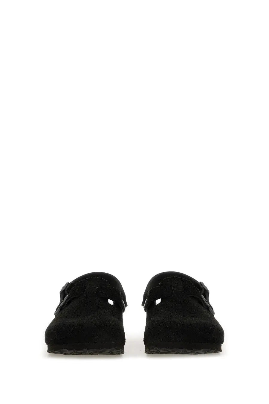 Birkenstock unisex sabot Boston black black suede clogs with classic two strap design shown from the back side
