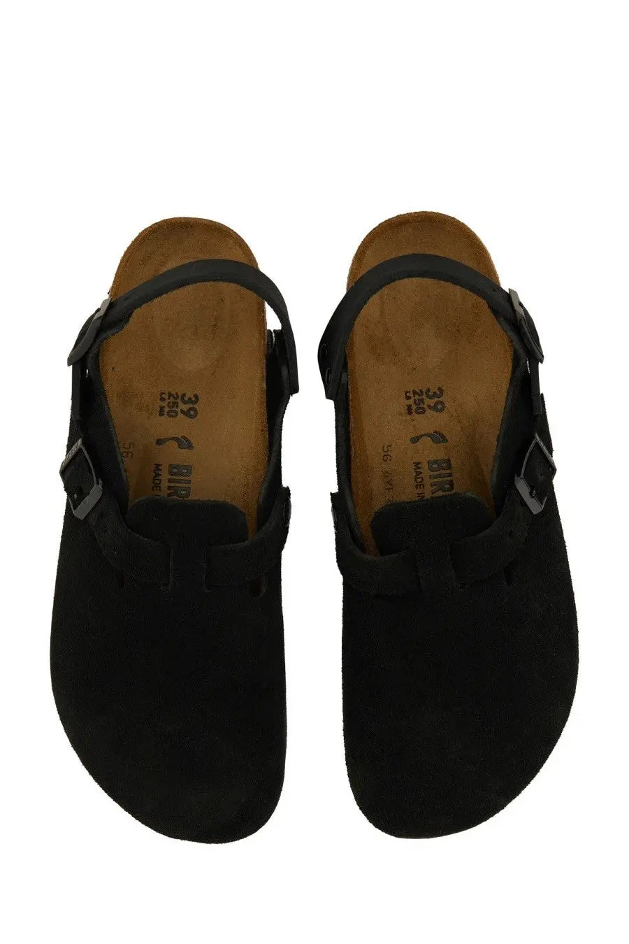 Birkenstock unisex sabot boston black black suede clogs with black straps and silver buckle details front view