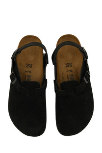 Birkenstock unisex sabot boston black black suede clogs with black straps and silver buckle details front view