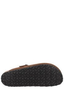 Birkenstock unisex sabot boston brown leather clog with black rubber sole and distinctive wavy tread pattern