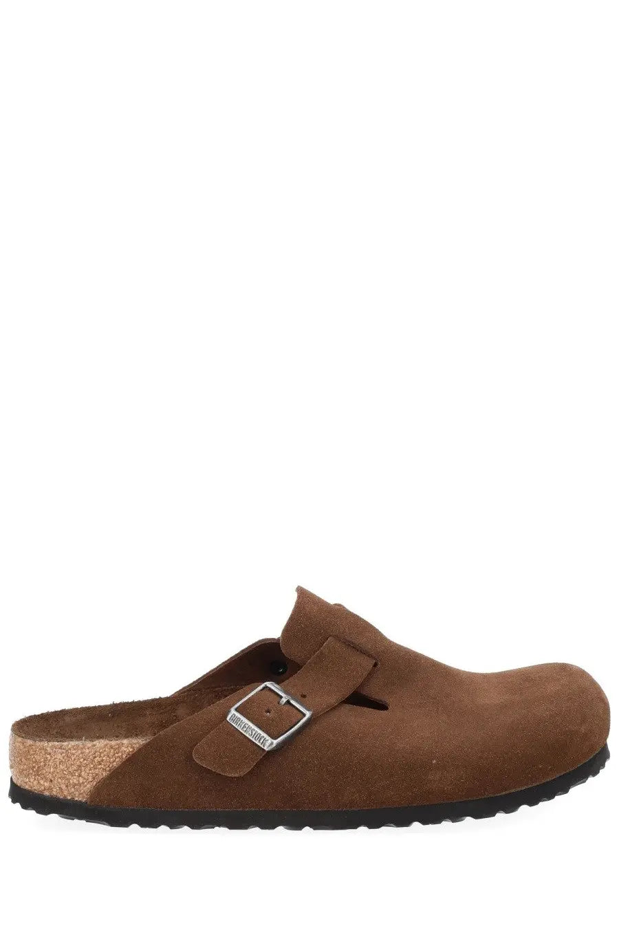Brown suede birkenstock unisex sabot boston clog with cork footbed and silver buckle