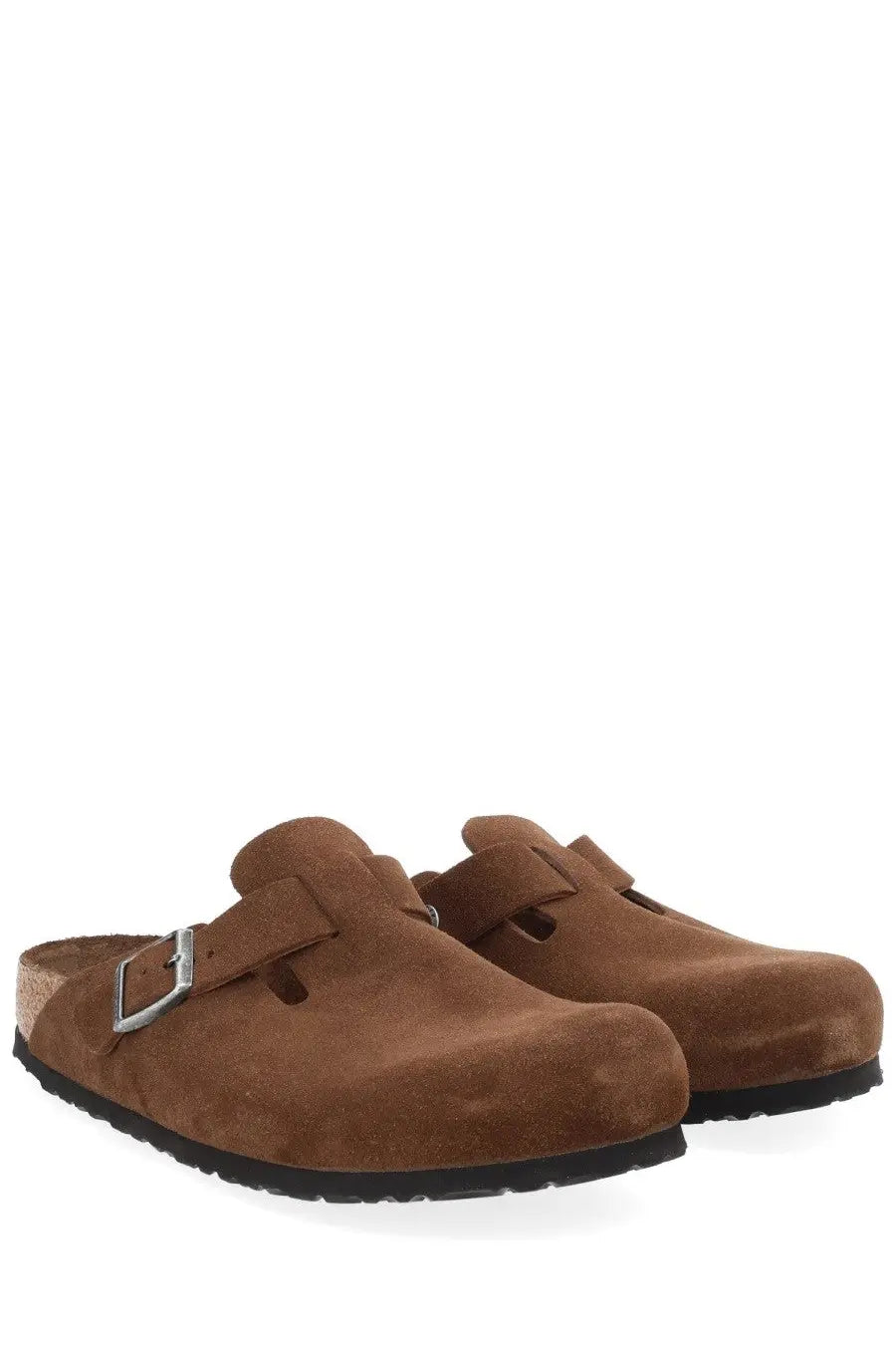 Birkenstock unisex Sabot Boston brown brown suede clog sandals with silver buckle and cork footbed