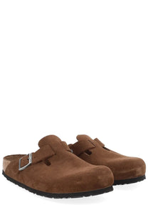 Birkenstock unisex Sabot Boston brown brown suede clog sandals with silver buckle and cork footbed