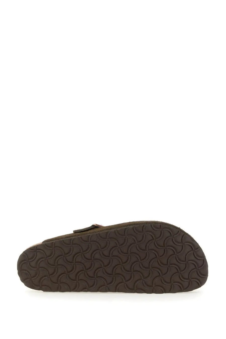 Brown suede birkenstock unisex sabot boston clog with textured rubber sole showing the back side