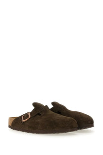 Birkenstock unisex sabot boston brown suede clogs with rose gold buckle and cork footbed front view
