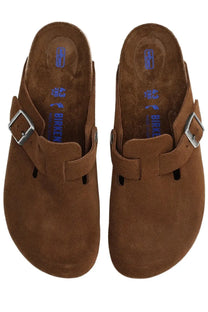 Birkenstock unisex sabot boston brown brown suede clogs with silver buckle straps