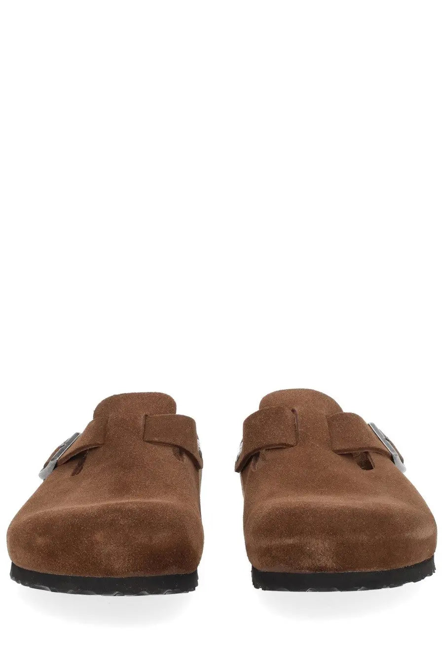 Birkenstock unisex sabot boston brown brown suede clogs with silver toned buckle details