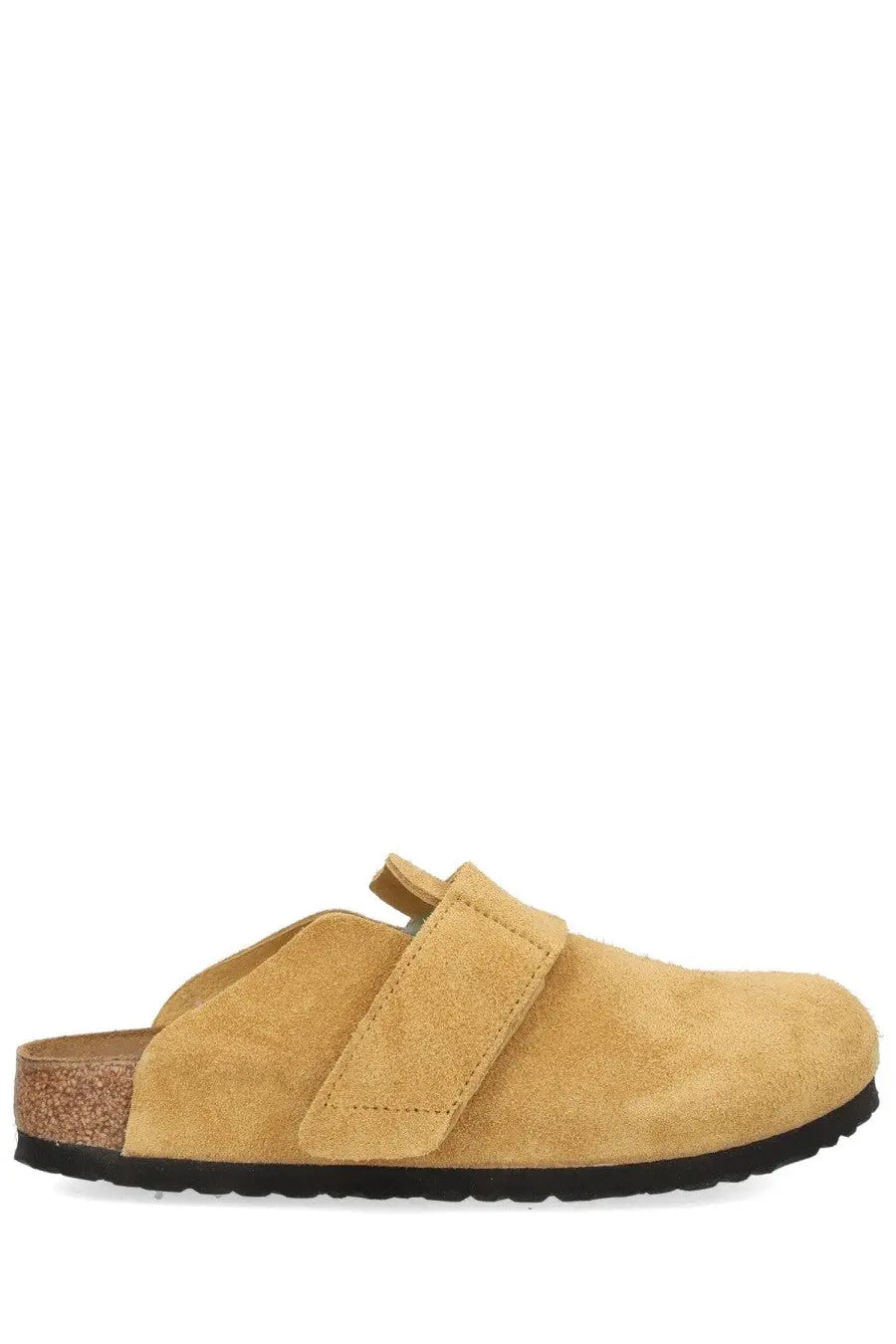 Tan suede birkenstock unisex sabot loma brown clog with cork footbed and black rubber sole