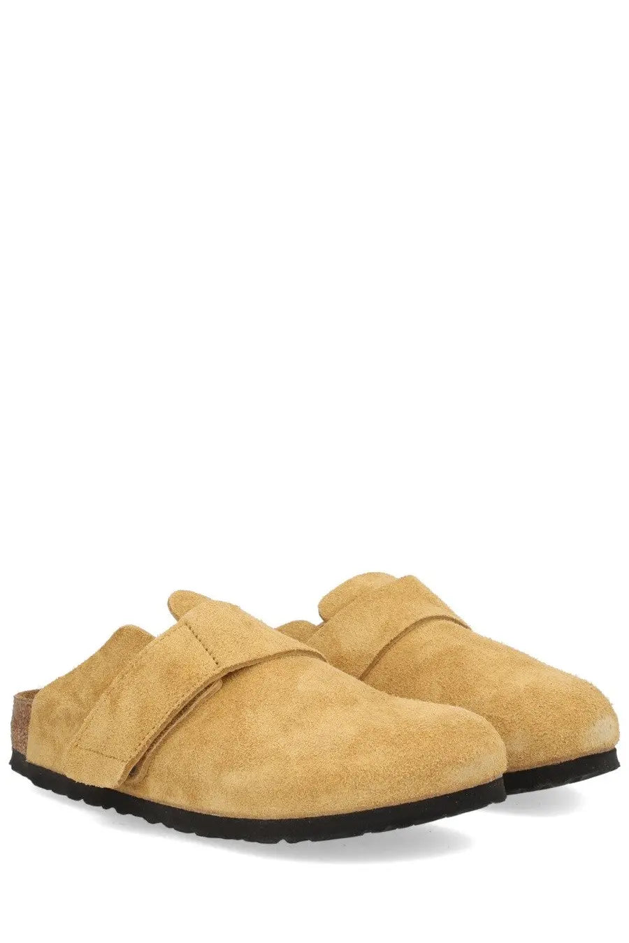 Birkenstock unisex sabot Loma brown tan suede clogs with black rubber sole and cork footbed shown from the back