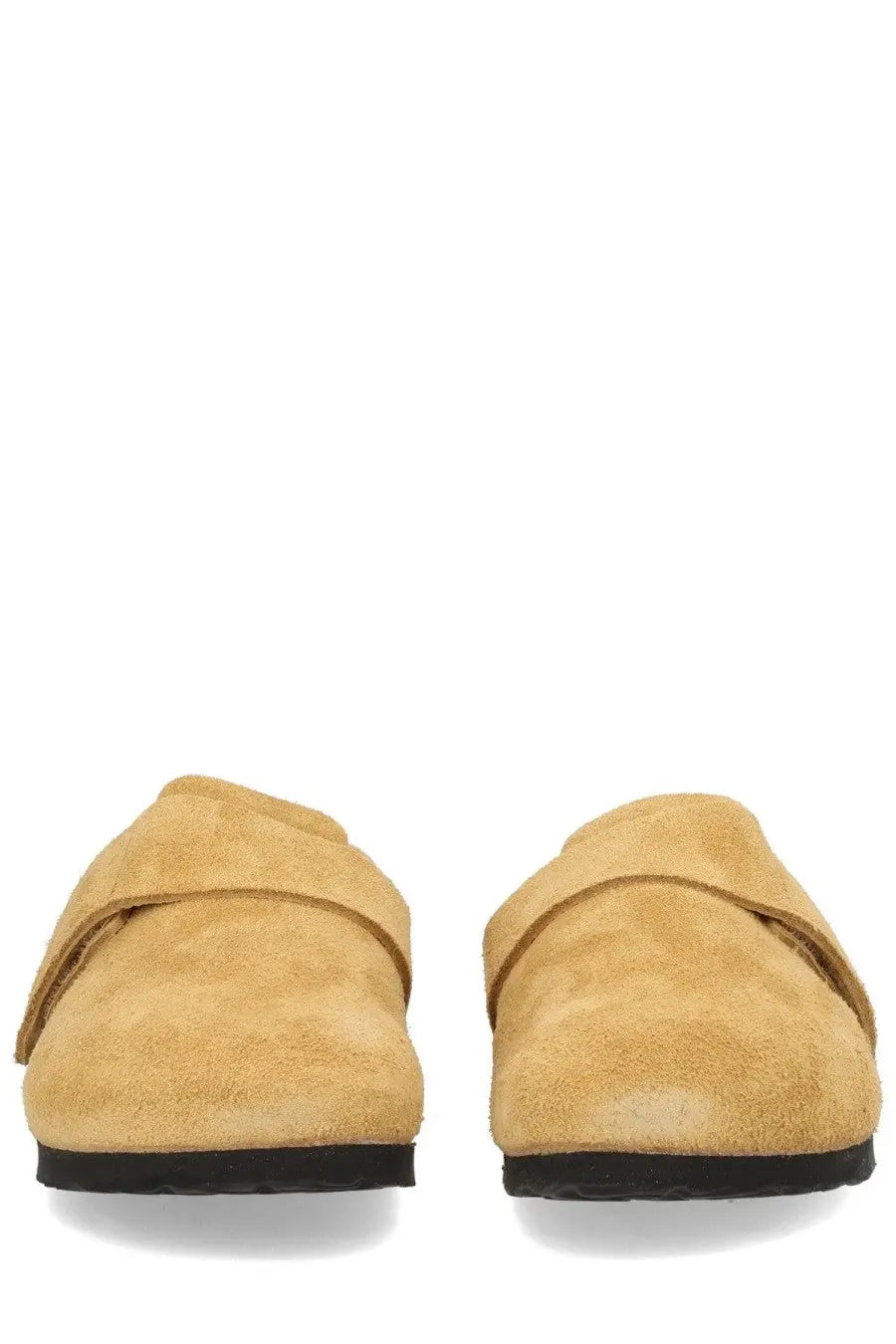 Birkenstock unisex sabot loma brown tan suede clogs with black rubber soles showing front side view