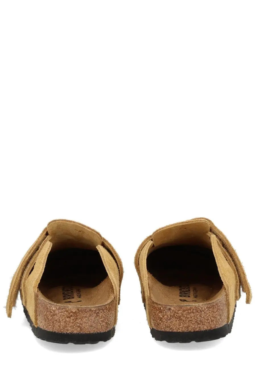 Birkenstock unisex sabot loma brown tan suede clogs with cork footbed and black rubber sole showing back side