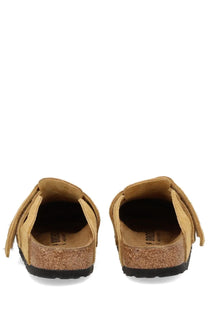 Birkenstock unisex sabot loma brown tan suede clogs with cork footbed and black rubber sole showing back side