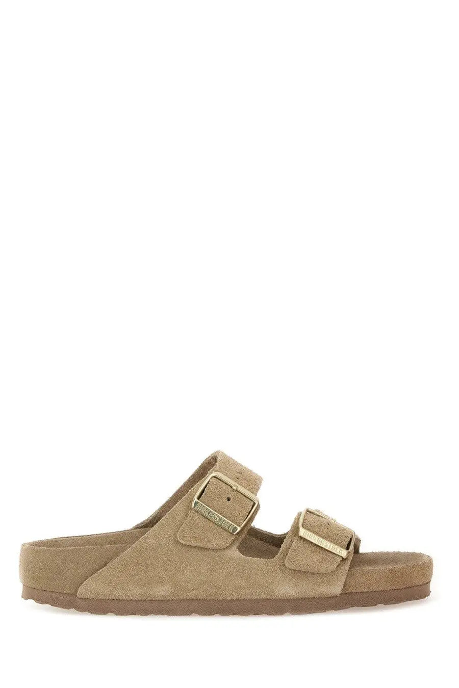 Beige suede birkenstock unisex arizona sandals with two gold-tone buckle straps for comfortable casual wear