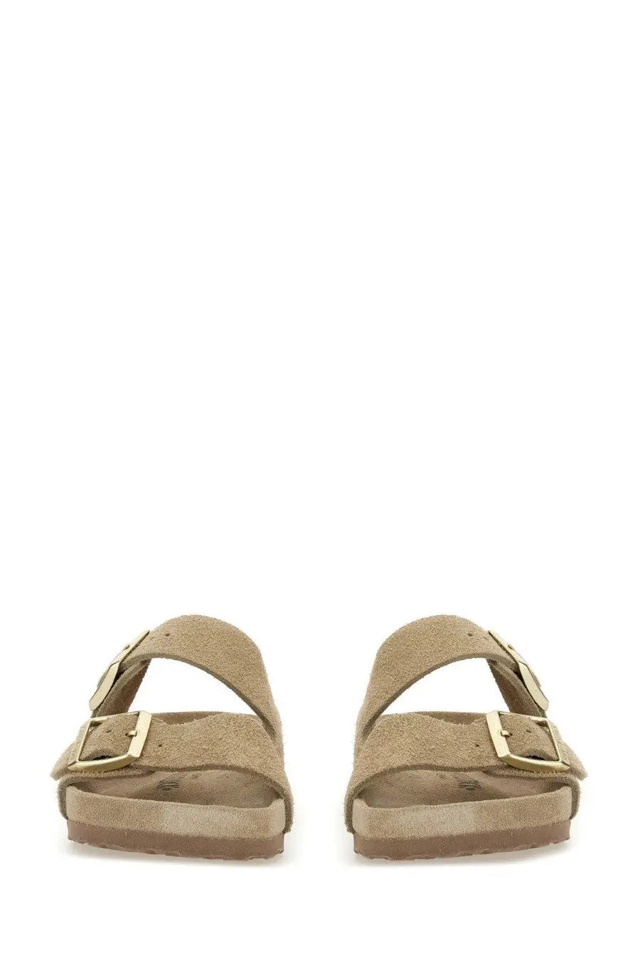 Beige suede birkenstock unisex sandal arizona with gold-tone buckle straps for casual wear