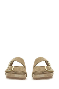 Beige suede birkenstock unisex sandal arizona with gold-tone buckle straps for casual wear