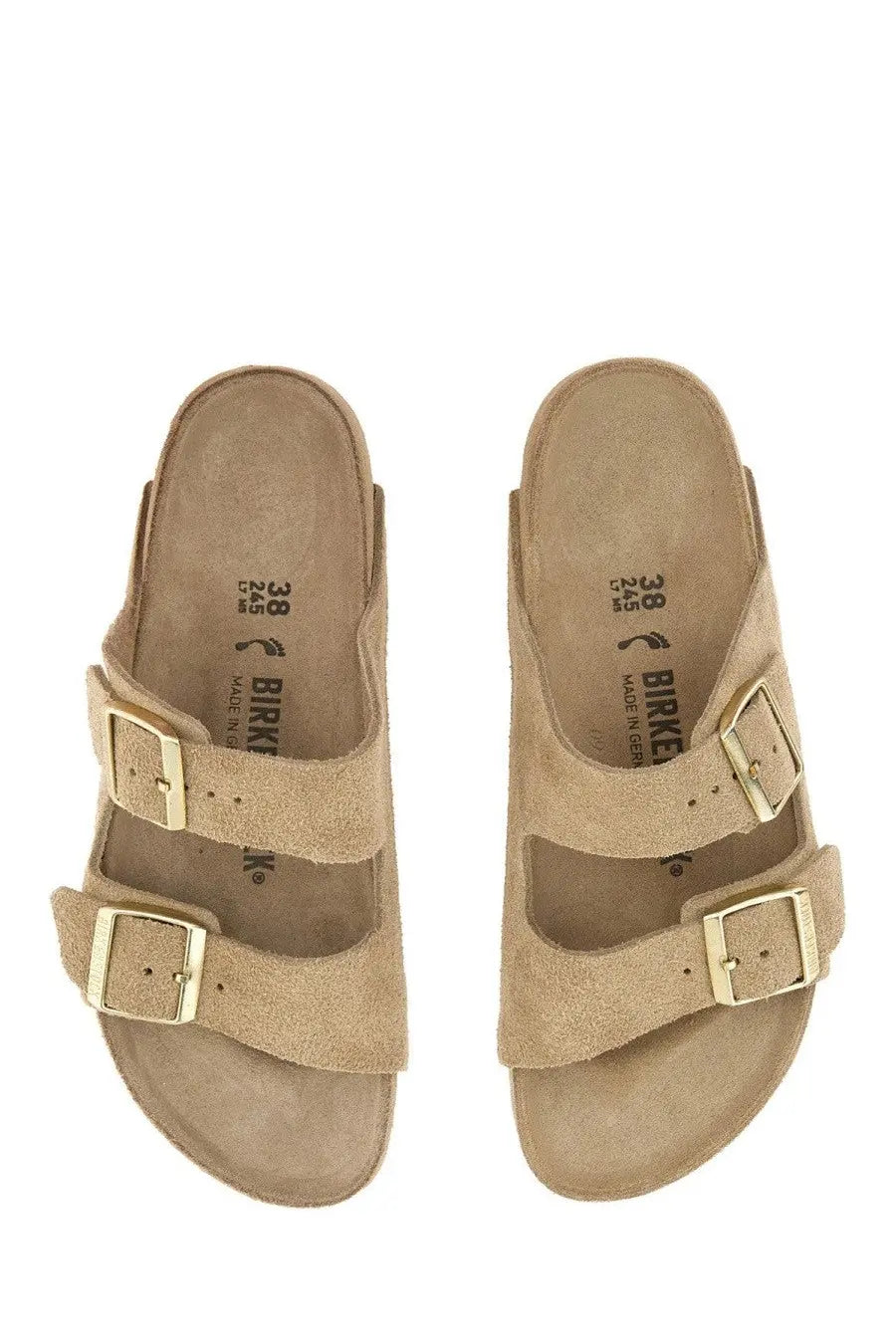Beige suede birkenstock unisex sandal arizona with two gold-tone buckle straps for comfortable everyday wear