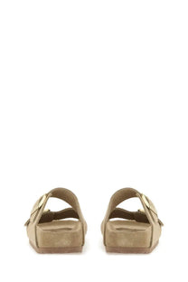 Birkenstock unisex sandal arizona beige tan suede slide with gold-tone buckle accents for casual wear