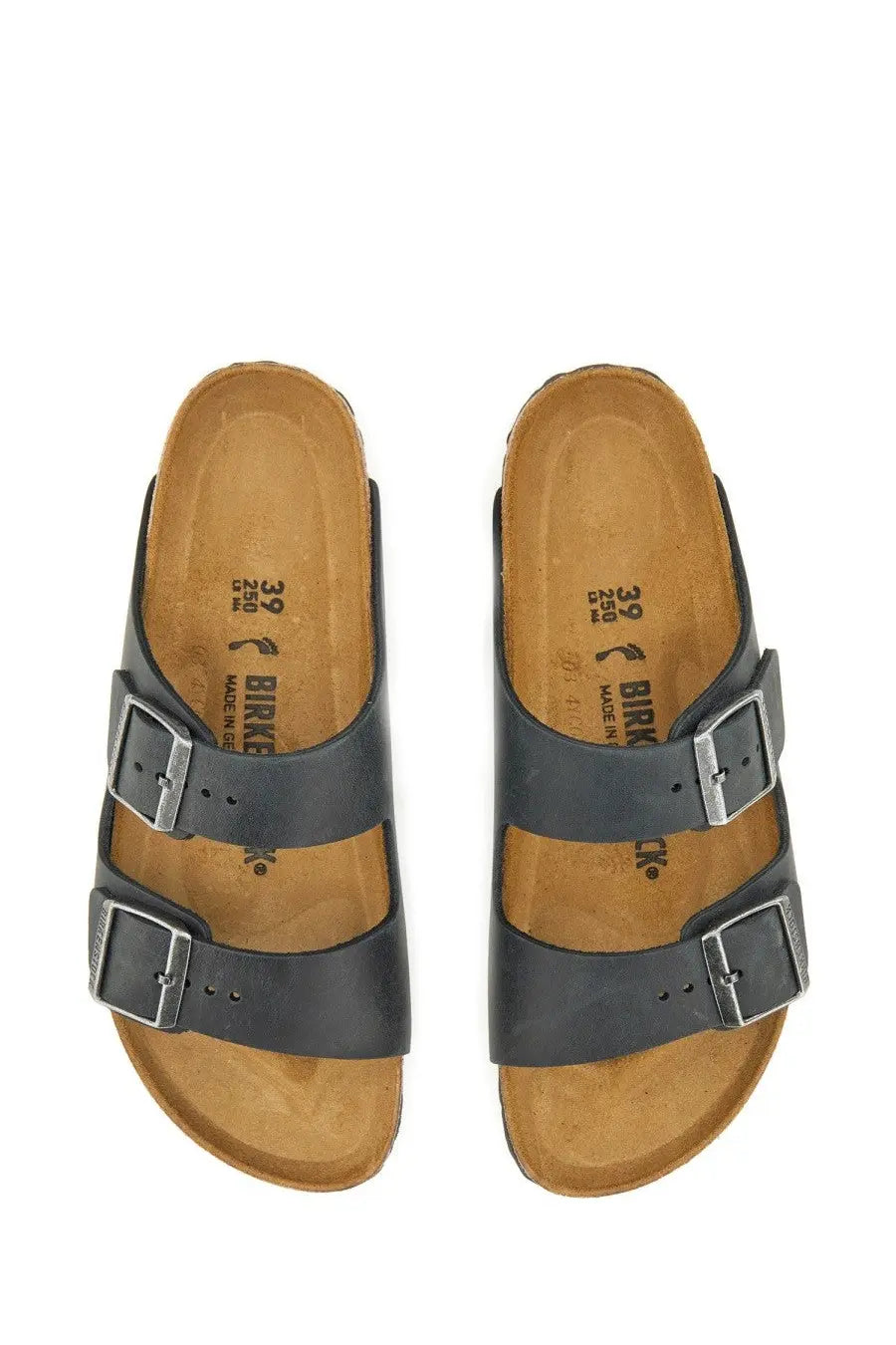 Black leather birkenstock arizona unisex sandal with two silver buckle straps and cork footbed