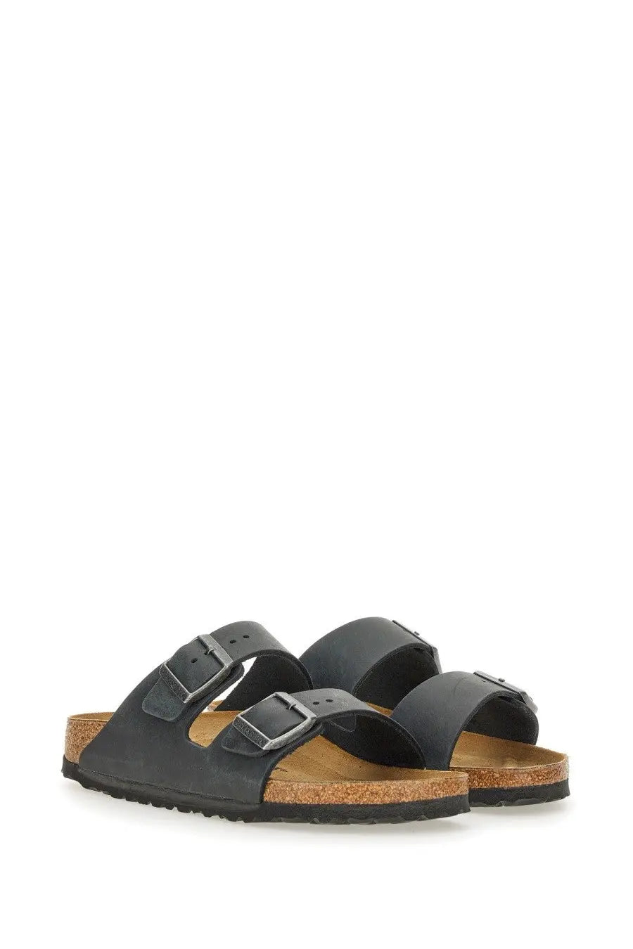 Black leather birkenstock arizona unisex sandal with silver buckle straps and cork footbed