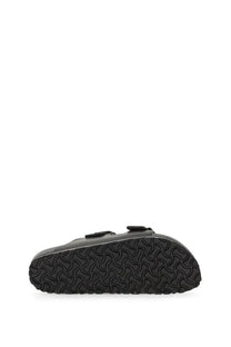 Birkenstock unisex sandal Arizona black with black leather upper two adjustable straps and textured rubber sole