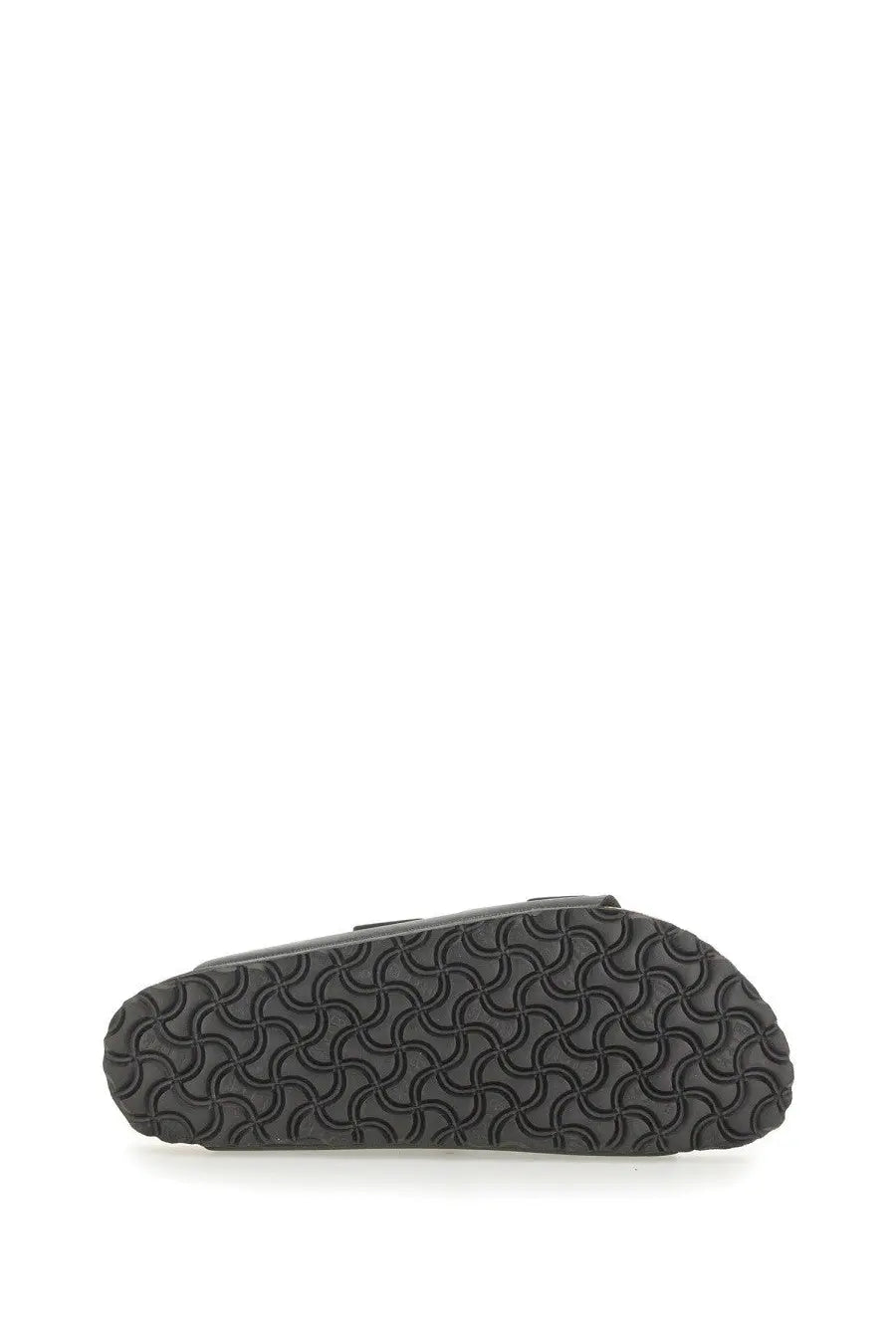 Black rubber sole with wavy interlocking pattern on birkenstock unisex sandal arizona black