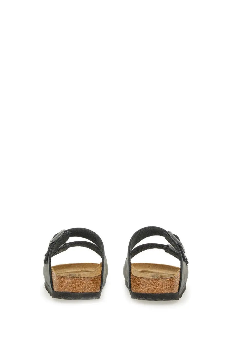 Birkenstock unisex sandal arizona black with classic cork footbed and adjustable black straps shown from the back side