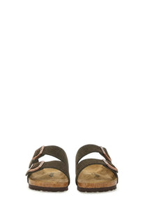Birkenstock unisex sandal Arizona brown in dark olive suede with two-tone metallic buckles and cork footbed