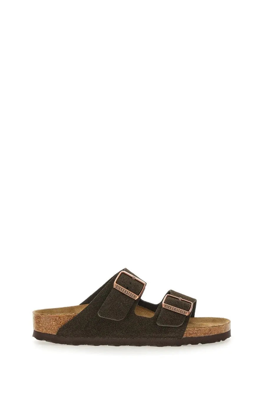 Dark brown suede birkenstock arizona unisex sandal with two rose gold buckle straps and cork footbed