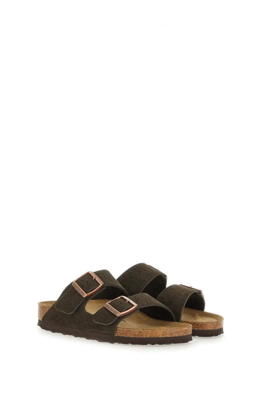 Dark brown suede birkenstock arizona unisex sandals with rose gold-tone buckles and a cork footbed