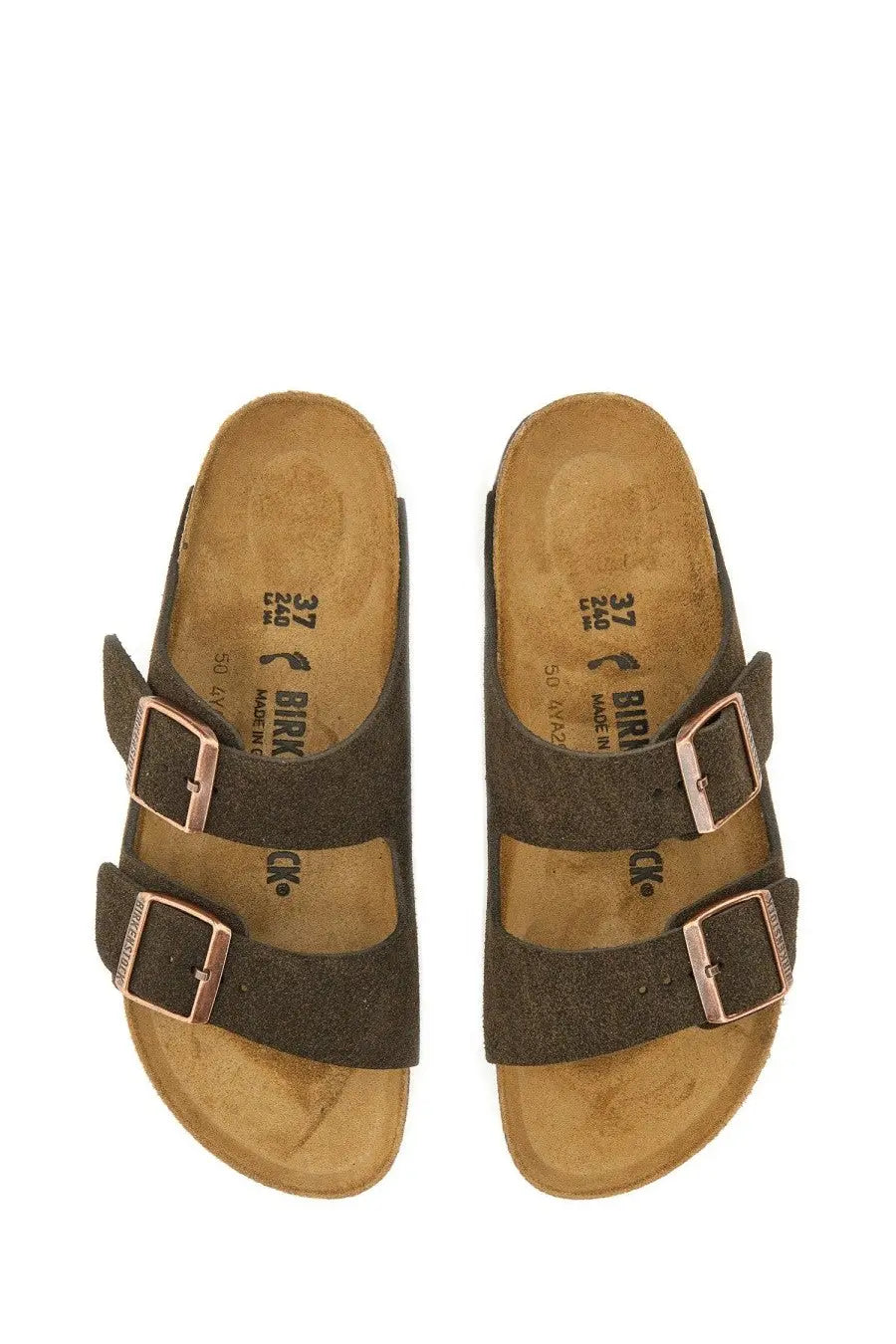 Birkenstock unisex sandal Arizona brown dark brown suede with rose gold toned double buckle straps