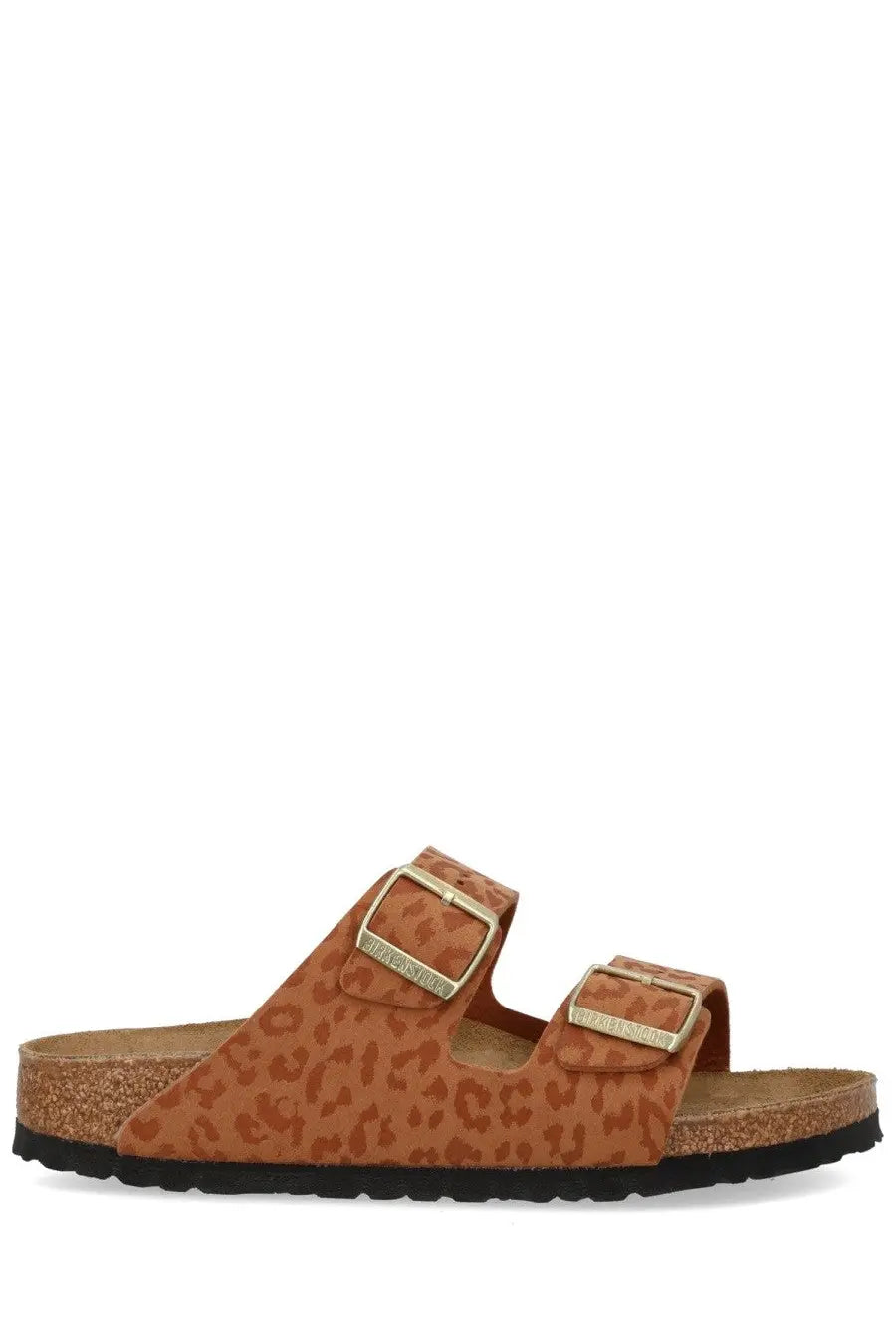 Birkenstock unisex sandal Arizona in tan leopard print with gold-tone buckle straps and cork footbed