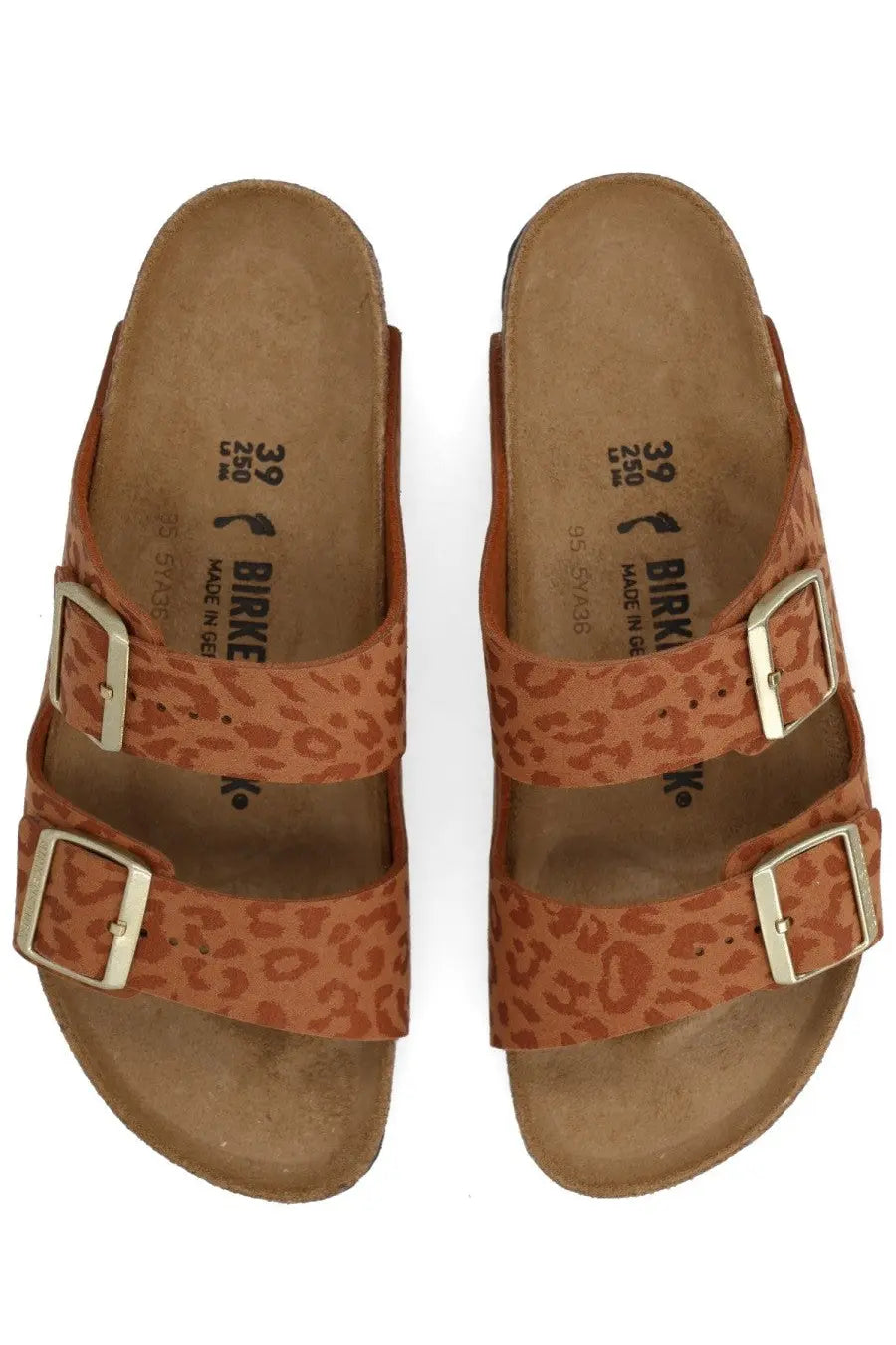 Birkenstock unisex sandal Arizona in brown tan leopard print with gold-tone double buckles and adjustable straps