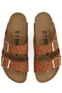 Birkenstock unisex sandal Arizona in brown tan leopard print with gold-tone double buckles and adjustable straps