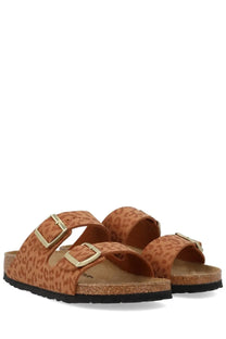 Birkenstock unisex sandal arizona brown in tan leopard print with gold tone buckles and cork footbed