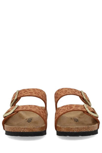 Birkenstock unisex sandal Arizona brown tan leopard-print suede with gold-tone buckles and cork footbed